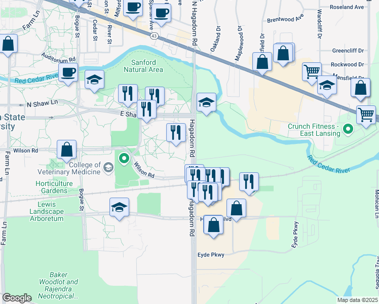 map of restaurants, bars, coffee shops, grocery stores, and more near in East Lansing
