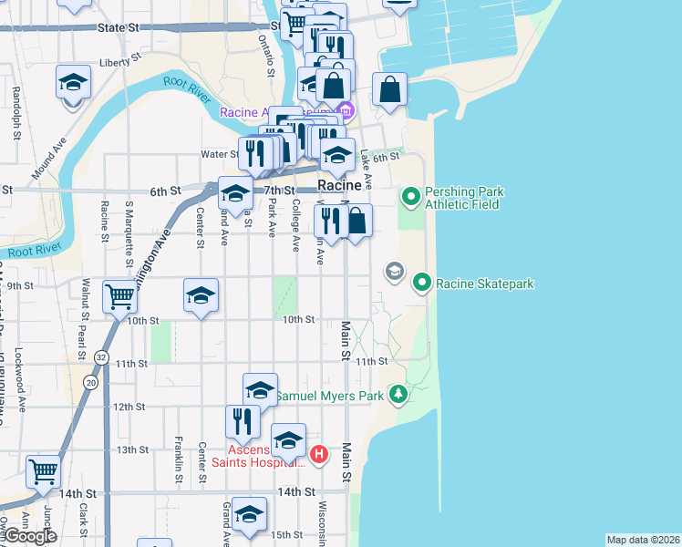 map of restaurants, bars, coffee shops, grocery stores, and more near 900 Main Street in Racine