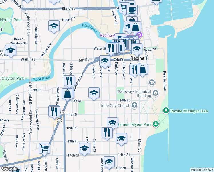 map of restaurants, bars, coffee shops, grocery stores, and more near in Racine