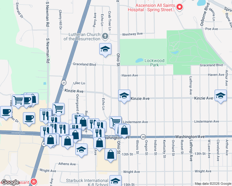 map of restaurants, bars, coffee shops, grocery stores, and more near 831 Crab Tree Lane in Racine