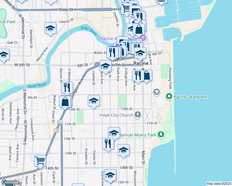 map of restaurants, bars, coffee shops, grocery stores, and more near 846 Park Ave in Racine