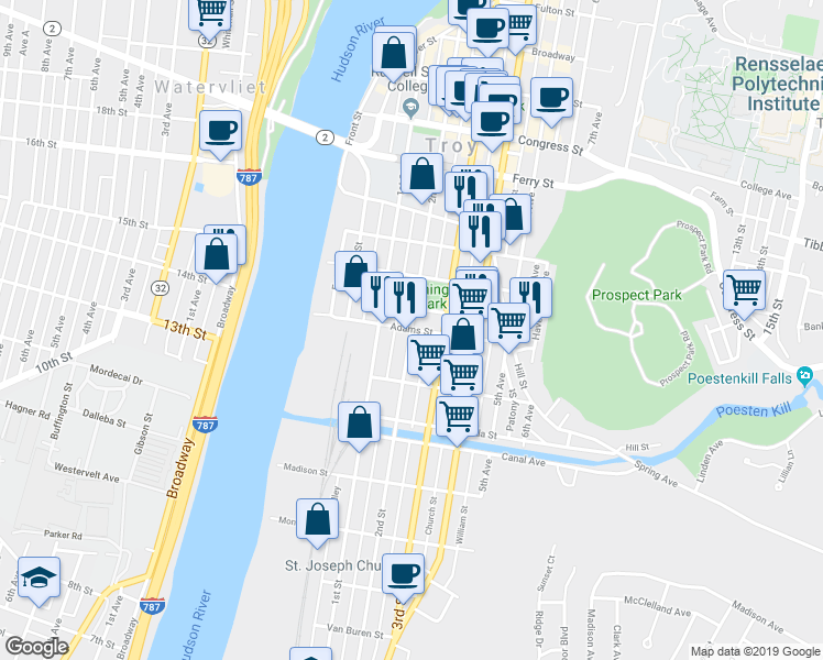 map of restaurants, bars, coffee shops, grocery stores, and more near 218 2nd Street in Troy