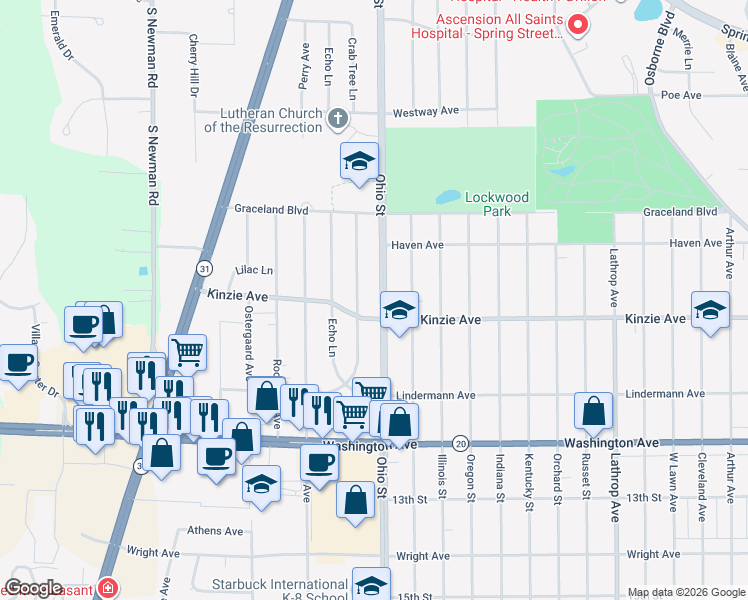 map of restaurants, bars, coffee shops, grocery stores, and more near 831 Crab Tree Lane in Racine
