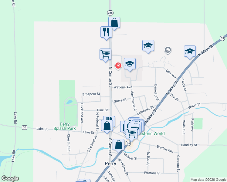map of restaurants, bars, coffee shops, grocery stores, and more near 12 Watkins Avenue in Perry