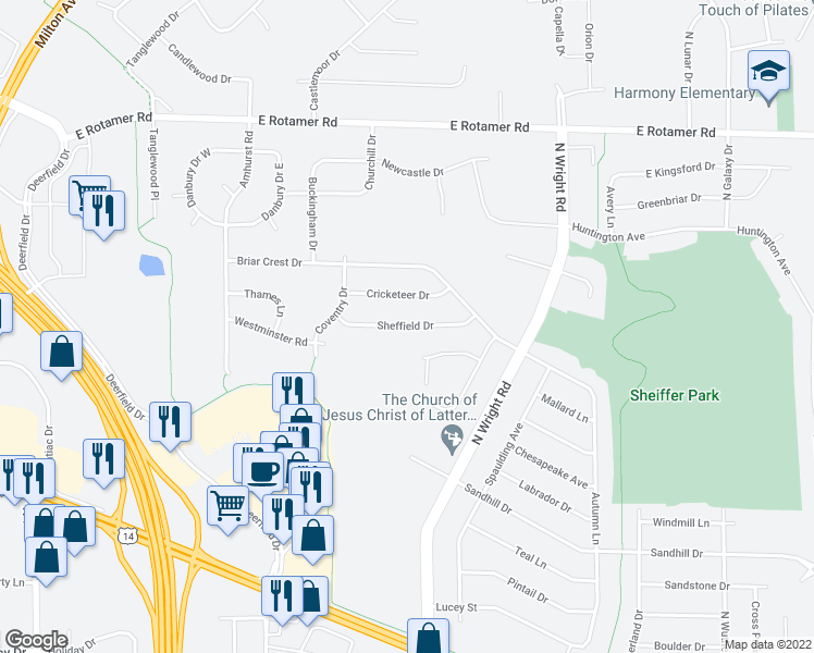 map of restaurants, bars, coffee shops, grocery stores, and more near 3434 Sheffield Drive in Janesville