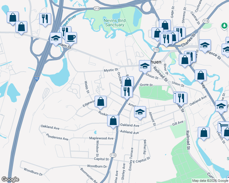 map of restaurants, bars, coffee shops, grocery stores, and more near 21 Pinedale Avenue in Methuen