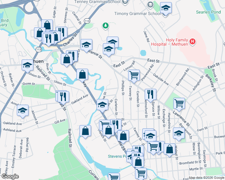 map of restaurants, bars, coffee shops, grocery stores, and more near 50 Brown Street in Methuen