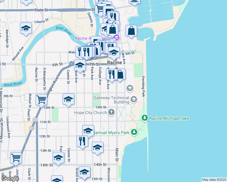 map of restaurants, bars, coffee shops, grocery stores, and more near 842 Main Street in Racine