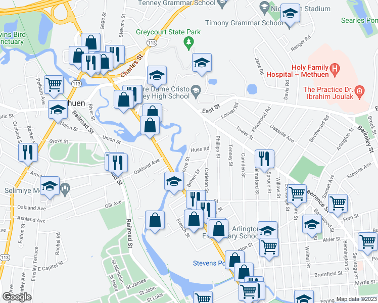 map of restaurants, bars, coffee shops, grocery stores, and more near 42 Horne Street in Methuen