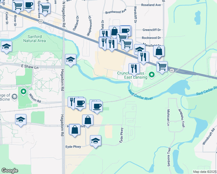 map of restaurants, bars, coffee shops, grocery stores, and more near 1611 River Terrace in East Lansing
