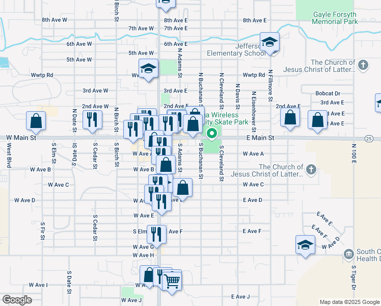 map of restaurants, bars, coffee shops, grocery stores, and more near 248 East Ave A in Jerome