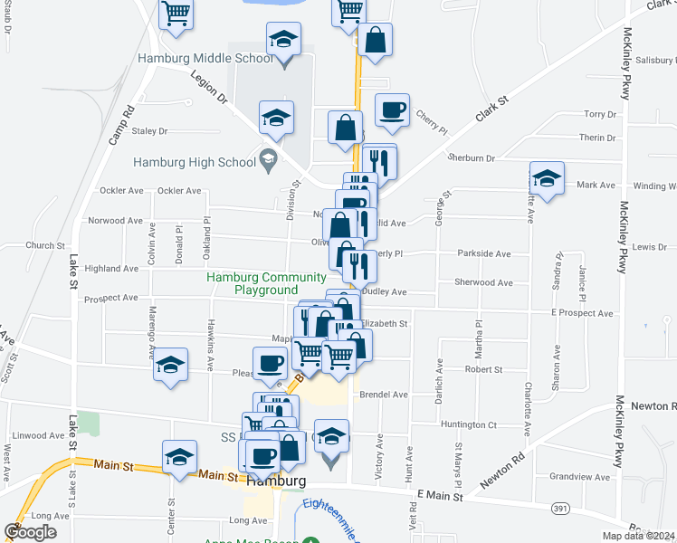 map of restaurants, bars, coffee shops, grocery stores, and more near 11 Highland Avenue in Hamburg