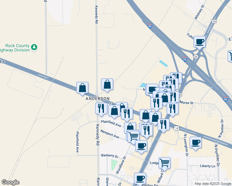 map of restaurants, bars, coffee shops, grocery stores, and more near 1706 Morse Street in Janesville