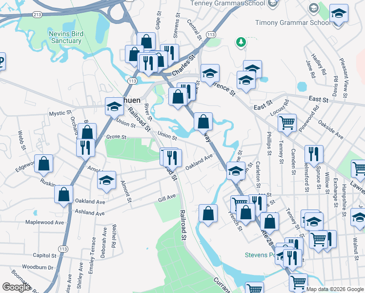 map of restaurants, bars, coffee shops, grocery stores, and more near 3 River Place in Methuen