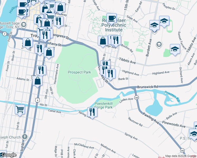 map of restaurants, bars, coffee shops, grocery stores, and more near 28 Marshall Street in Troy
