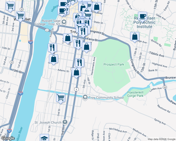 map of restaurants, bars, coffee shops, grocery stores, and more near 72 Hill Street in Troy