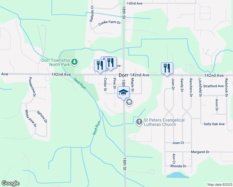 map of restaurants, bars, coffee shops, grocery stores, and more near 1820 Church Street in Dorr