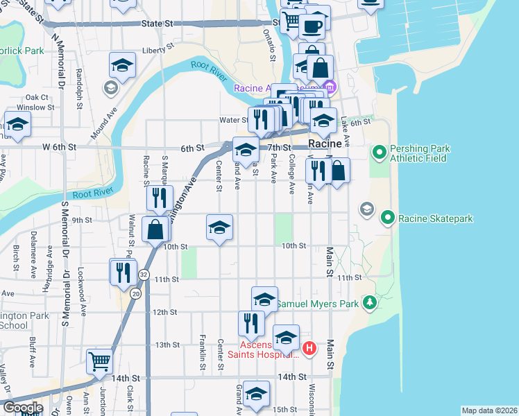 map of restaurants, bars, coffee shops, grocery stores, and more near in Racine