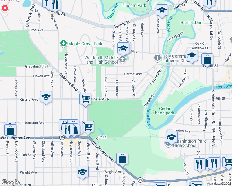 map of restaurants, bars, coffee shops, grocery stores, and more near 2420 Kinzie Avenue in Racine