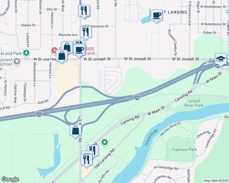 map of restaurants, bars, coffee shops, grocery stores, and more near 3533 Wayside Terrace in Lansing