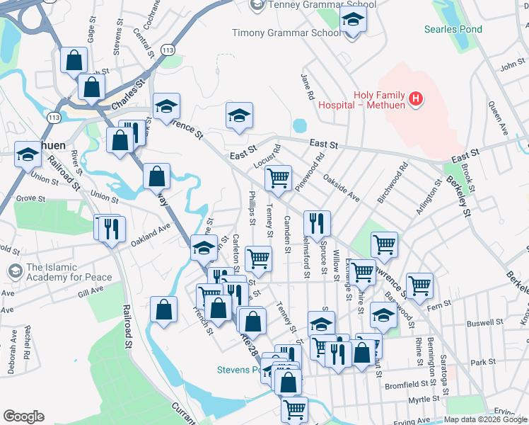 map of restaurants, bars, coffee shops, grocery stores, and more near 157 Phillips Street in Methuen