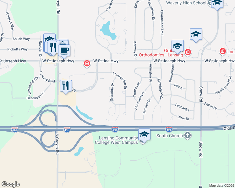 map of restaurants, bars, coffee shops, grocery stores, and more near 929 Grenoble Drive in Lansing
