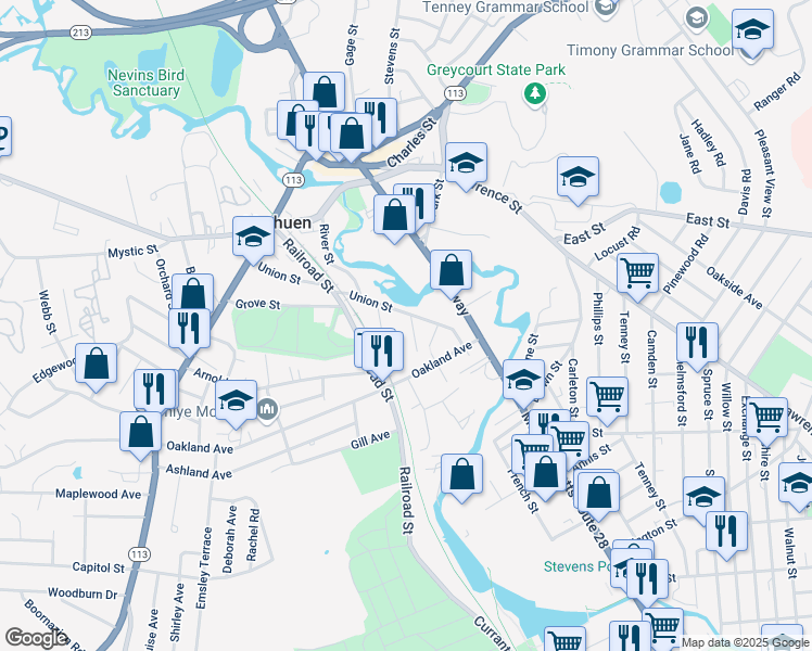 map of restaurants, bars, coffee shops, grocery stores, and more near 13 River Place in Methuen