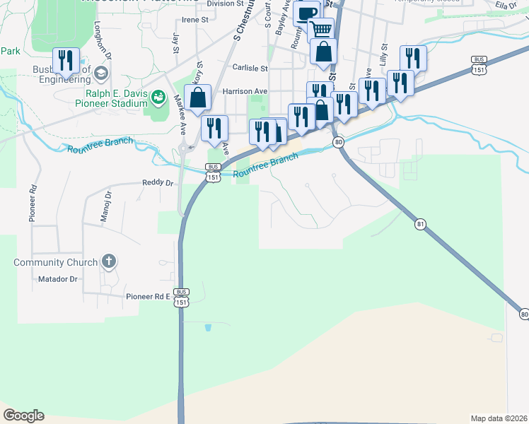 map of restaurants, bars, coffee shops, grocery stores, and more near 1040 Oakhaven Court in Platteville