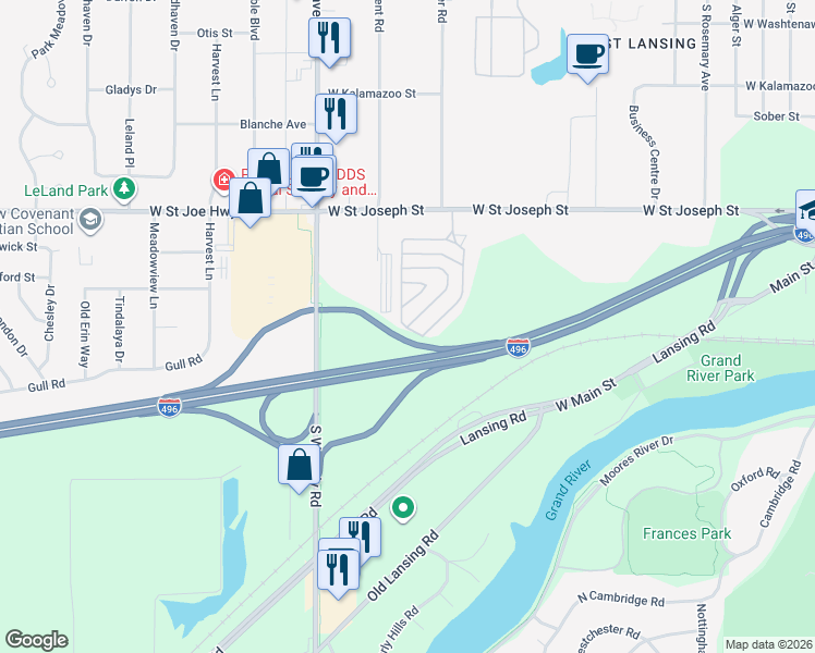 map of restaurants, bars, coffee shops, grocery stores, and more near 838-3540 Crown Point Drive in Lansing