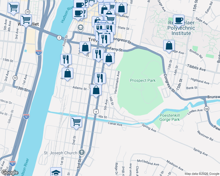 map of restaurants, bars, coffee shops, grocery stores, and more near 72 Hill Street in Troy