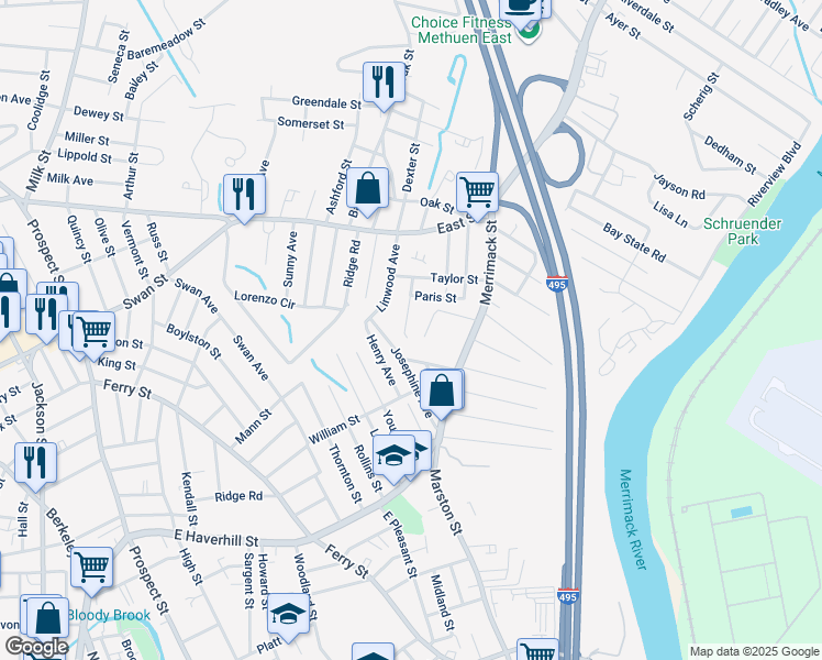 map of restaurants, bars, coffee shops, grocery stores, and more near 44 Buco Avenue in Methuen