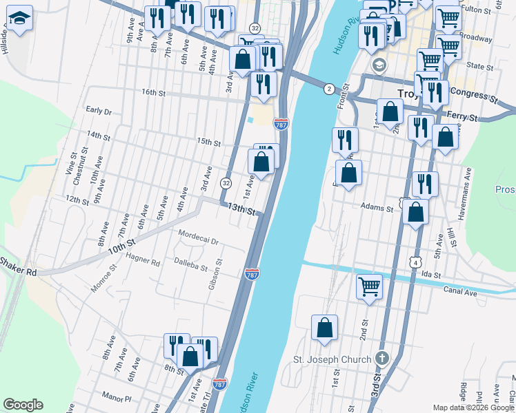 map of restaurants, bars, coffee shops, grocery stores, and more near in Watervliet