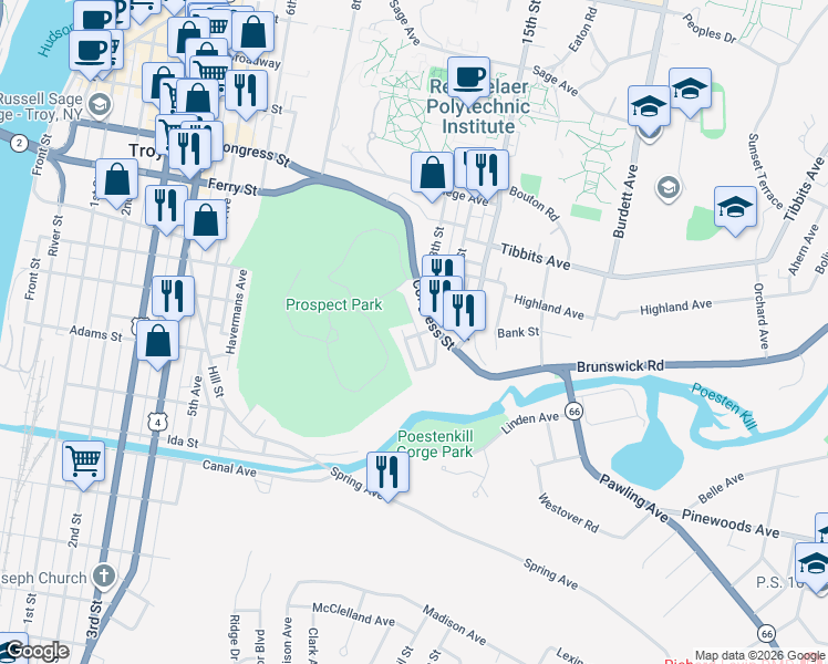 map of restaurants, bars, coffee shops, grocery stores, and more near 28 Marshall Street in Troy