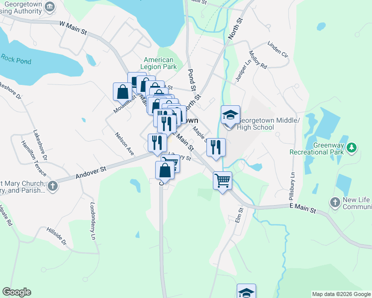 map of restaurants, bars, coffee shops, grocery stores, and more near 20 Library Street in Georgetown
