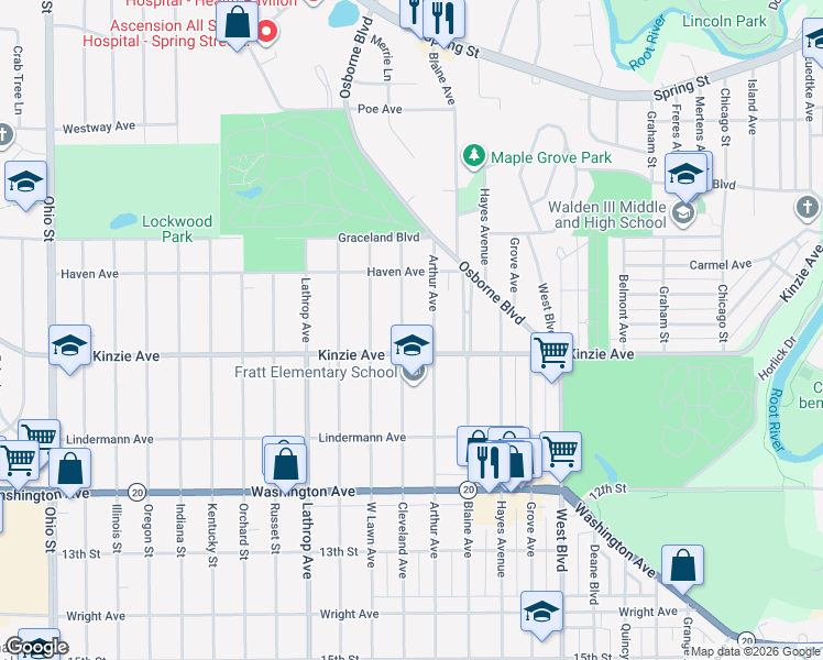 map of restaurants, bars, coffee shops, grocery stores, and more near 825 Cleveland Avenue in Racine