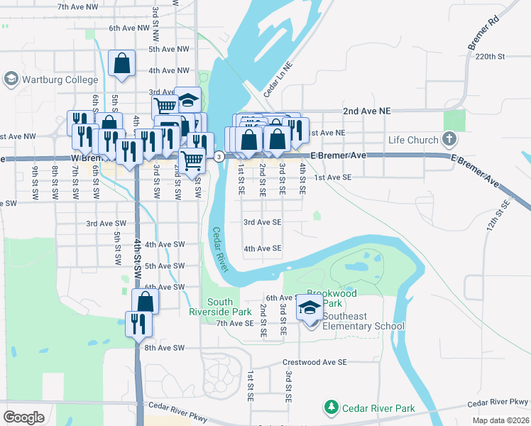 map of restaurants, bars, coffee shops, grocery stores, and more near 315 2nd Street Southeast in Waverly