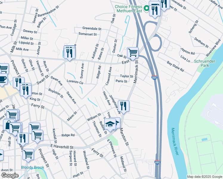 map of restaurants, bars, coffee shops, grocery stores, and more near 44 Buco Avenue in Methuen