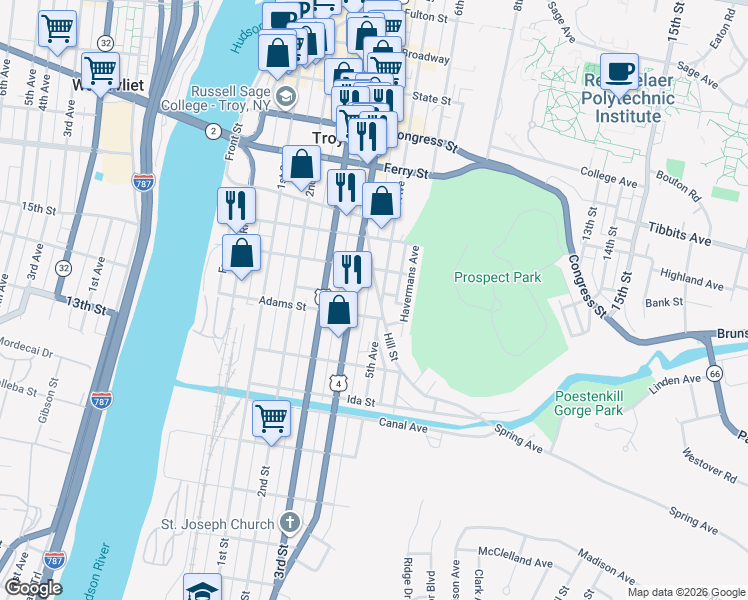 map of restaurants, bars, coffee shops, grocery stores, and more near 108 Adams Street in Troy