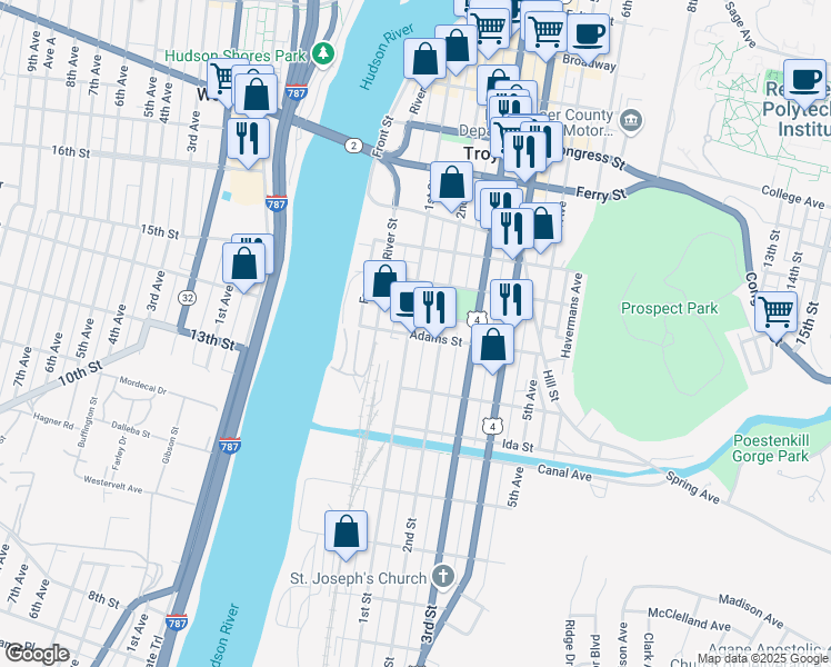 map of restaurants, bars, coffee shops, grocery stores, and more near 45 Adams Street in Troy