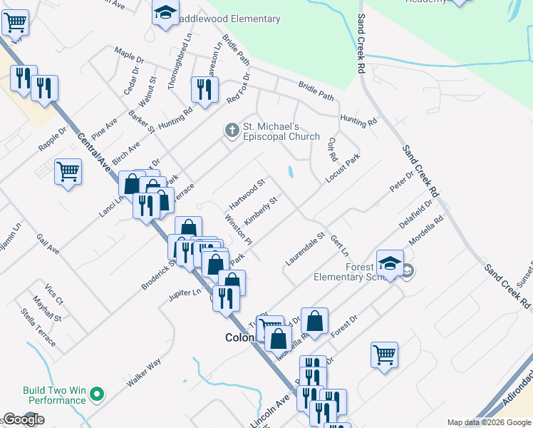 map of restaurants, bars, coffee shops, grocery stores, and more near 54 Locust Park in Colonie