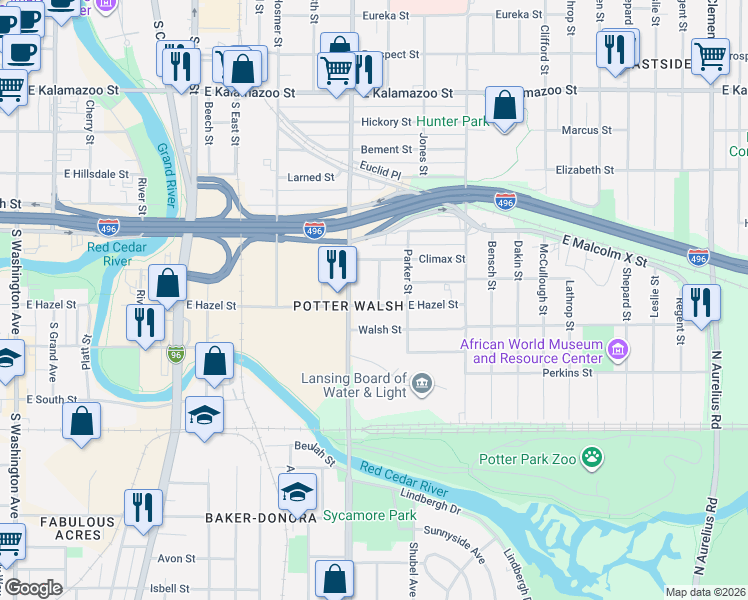 map of restaurants, bars, coffee shops, grocery stores, and more near 1022 East Hazel Street in Lansing
