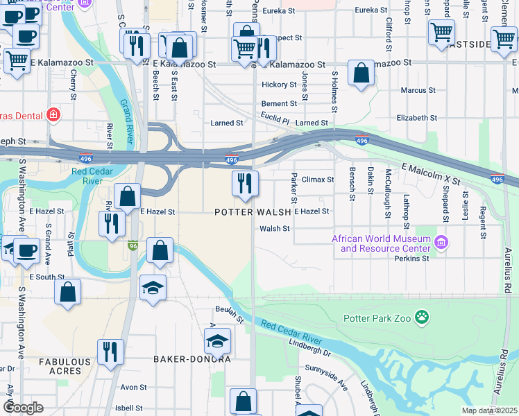 map of restaurants, bars, coffee shops, grocery stores, and more near 1022 East Hazel Street in Lansing