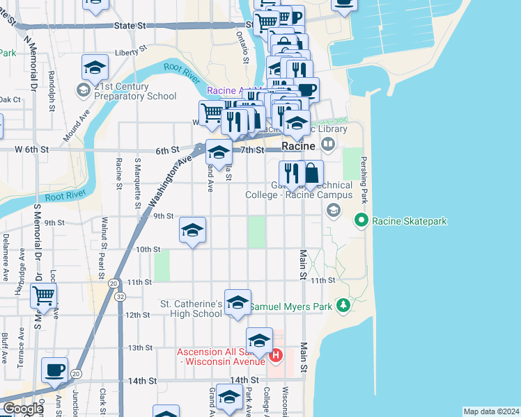 map of restaurants, bars, coffee shops, grocery stores, and more near 901 College Avenue in Racine