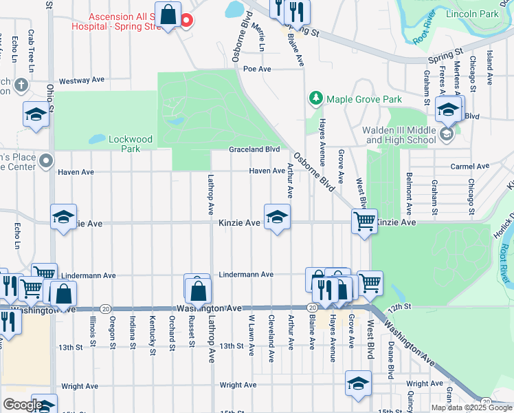 map of restaurants, bars, coffee shops, grocery stores, and more near 825 West Lawn Avenue in Racine