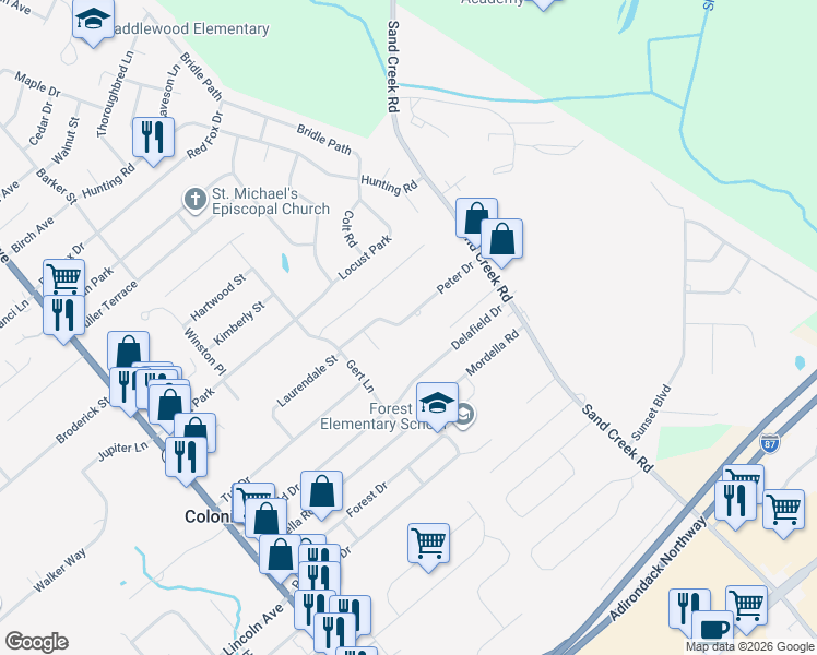 map of restaurants, bars, coffee shops, grocery stores, and more near 24 Peter Drive in Colonie