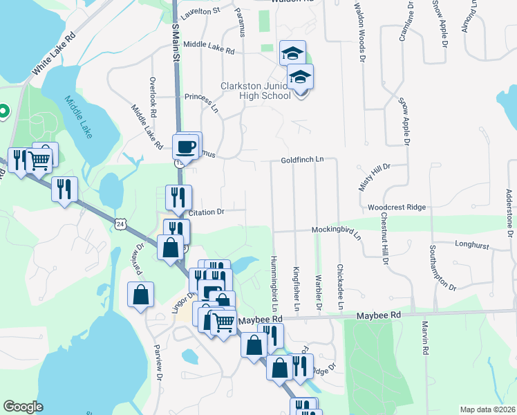 map of restaurants, bars, coffee shops, grocery stores, and more near 5841 Hummingbird Lane in Clarkston