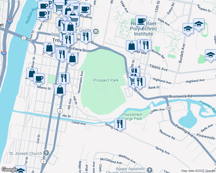 map of restaurants, bars, coffee shops, grocery stores, and more near 65 Prospect Park Road in Troy