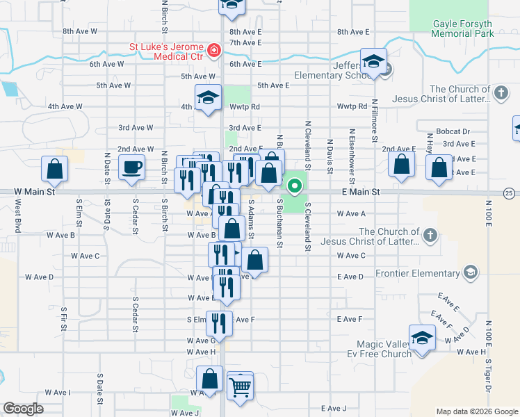 map of restaurants, bars, coffee shops, grocery stores, and more near 229 East Avenue A in Jerome