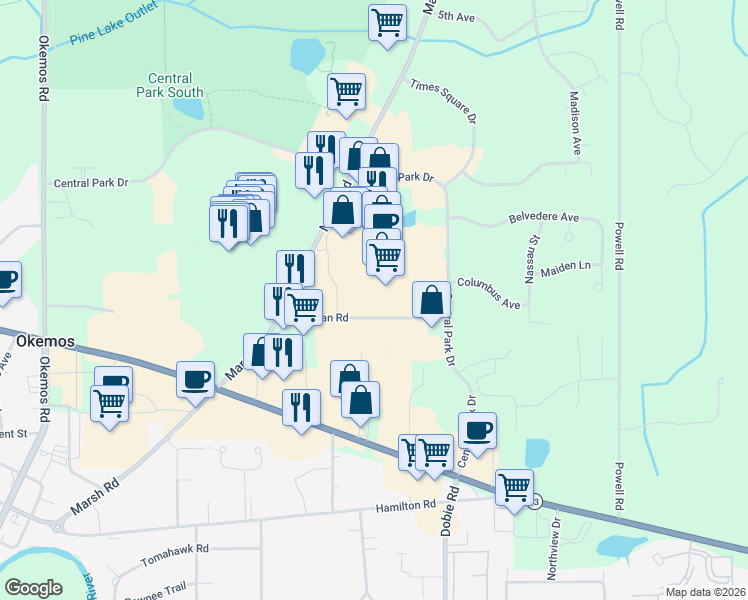 map of restaurants, bars, coffee shops, grocery stores, and more near 4884 Marsh Road in Meridian charter Township
