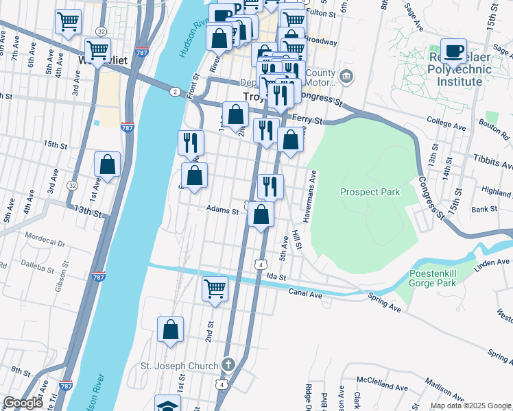 map of restaurants, bars, coffee shops, grocery stores, and more near in Troy